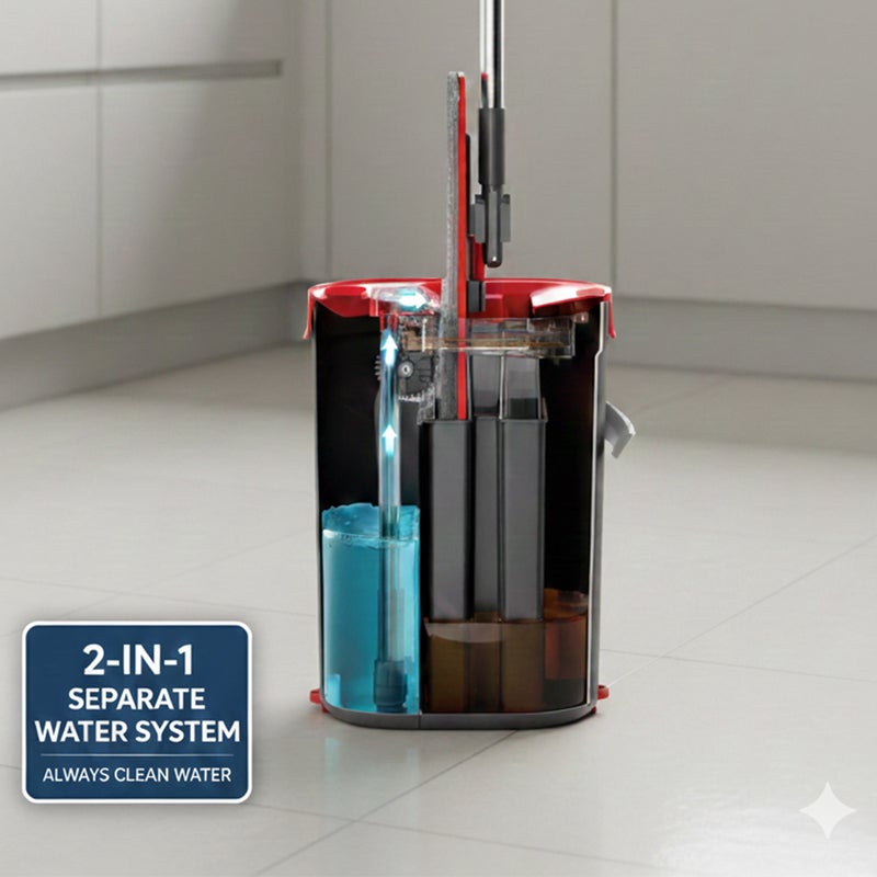 HOMEPRO AquaPuro Flat Mop System with Bucket & 2 Refill Pads, Lightweight Design, 135cm Handle, Microfiber Flat Mop for Efficient Floor Cleaning (Grey/Red) - Image 2